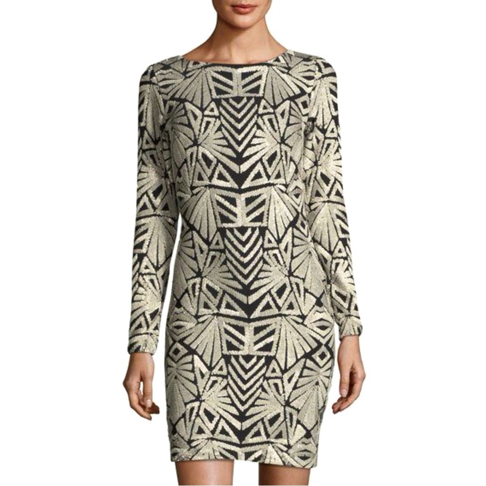 Dress the Population Black & Pearly Beige Patterned Lola Bodycon Dress Size XS